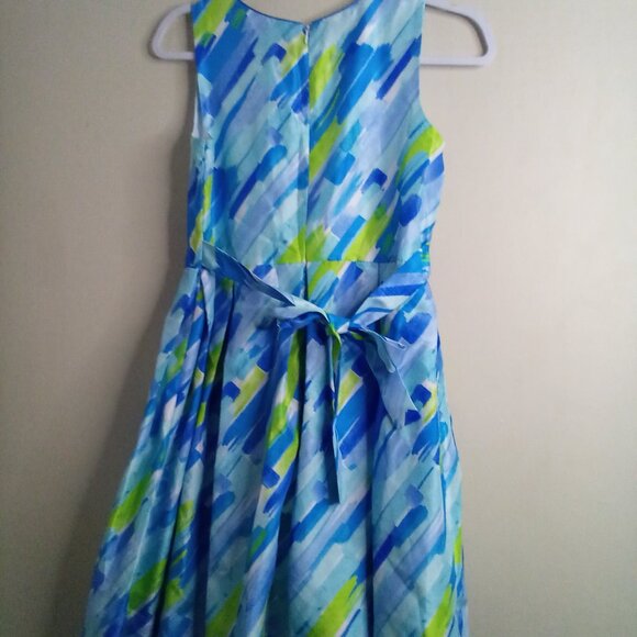 Bonnie Jean Dress Girls 16 Sleeveless Satin Pattern Blue Green - Picture 10 of 15